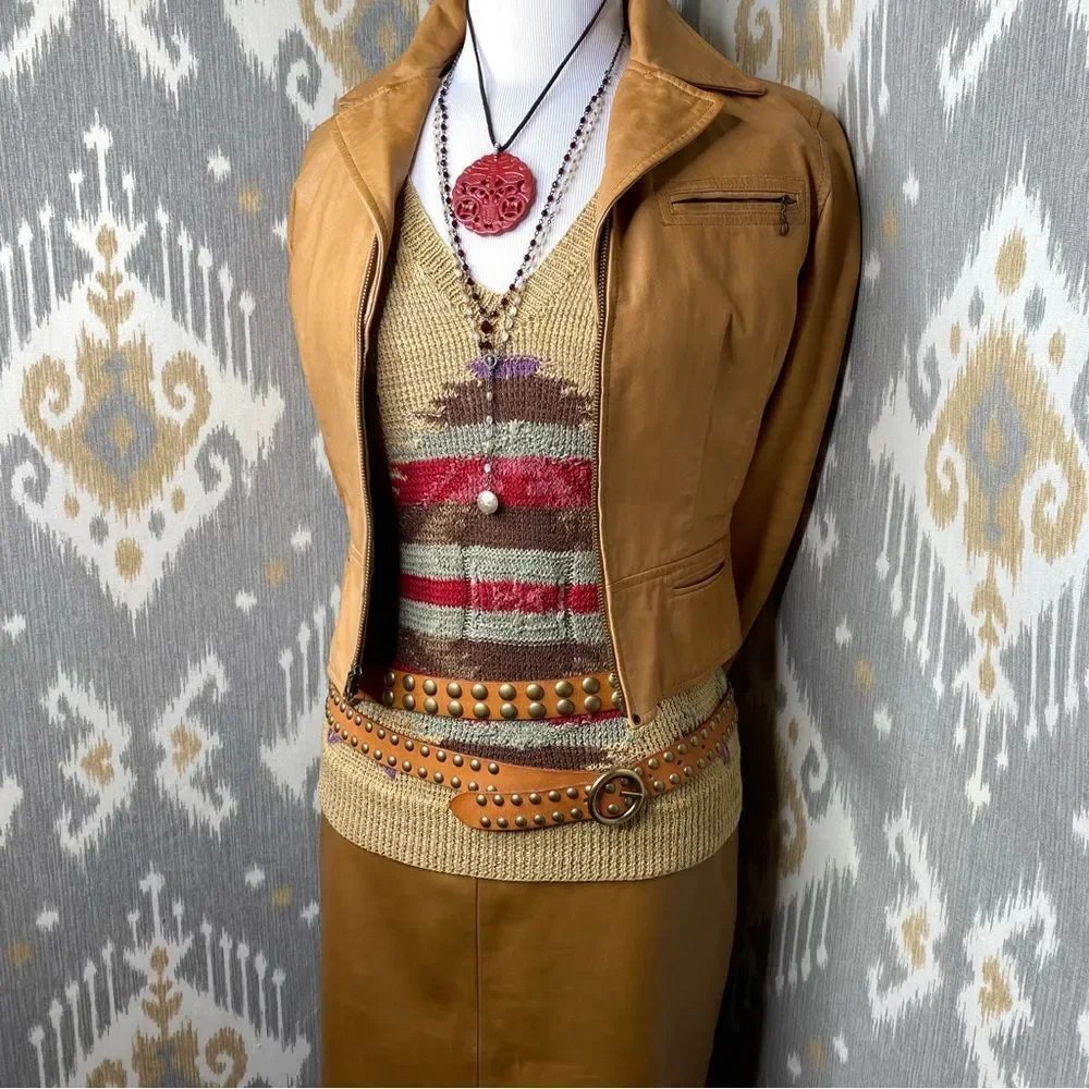 Ralph Lauren Tan Multi Southwest Aztec Hand-Knit Linen Silk V-Neck S/S Sweater - Picture 2 of 16